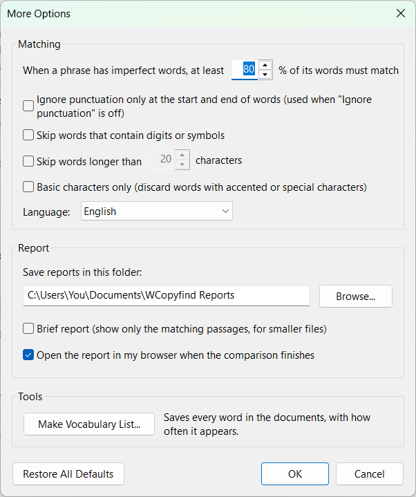 WCopyfind's More Options dialog, with matching, report, and tools settings