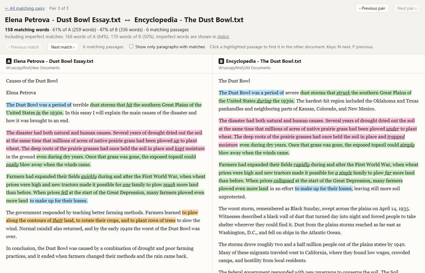 A side-by-side WCopyfind report: a student essay on the left and an encyclopedia article on the right, with the passages they share highlighted in matching colors and changed words shown in italics