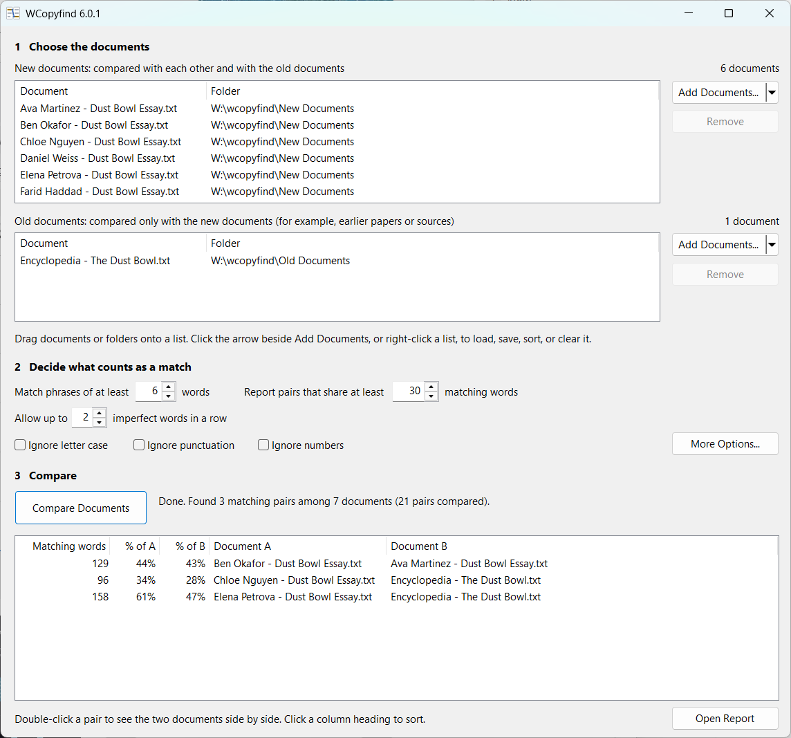 The WCopyfind window: lists of new and old documents, the matching settings, and three matching pairs found among seven documents